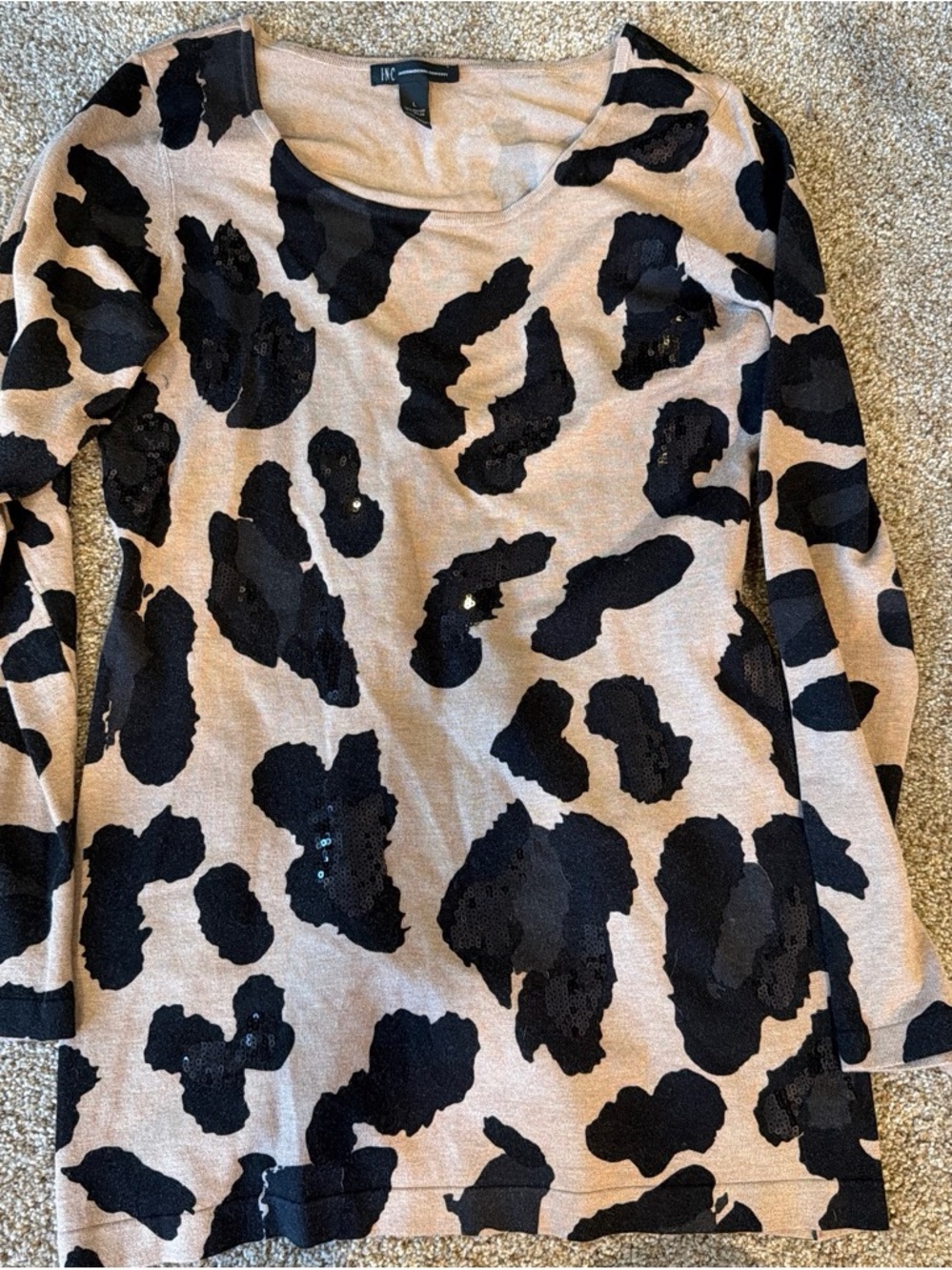 INC International Concepts Black Leopard-Print Sequin Accent Long-Sleeve Top